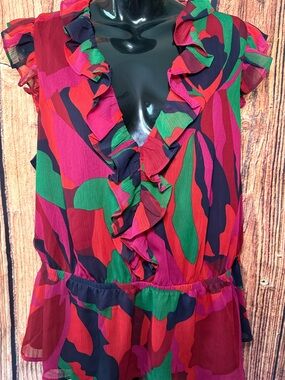 Banana Republic Womens L Red Floral Peplum Top Ruffle Sleeveless Blouse Large